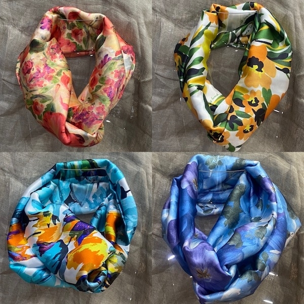 Snood satin de soie motif divers et élégants foulard Made in France