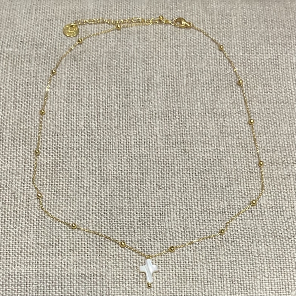 collier doré acier inoxydable nacre croix