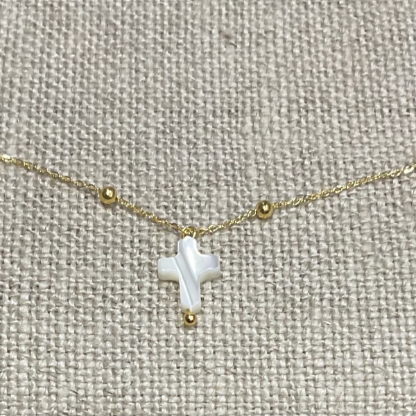 collier doré acier inoxydable nacre croix