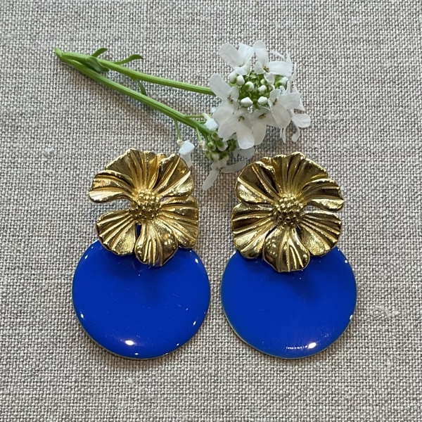 Boucles d’oreilles fleurs dorées Bleu